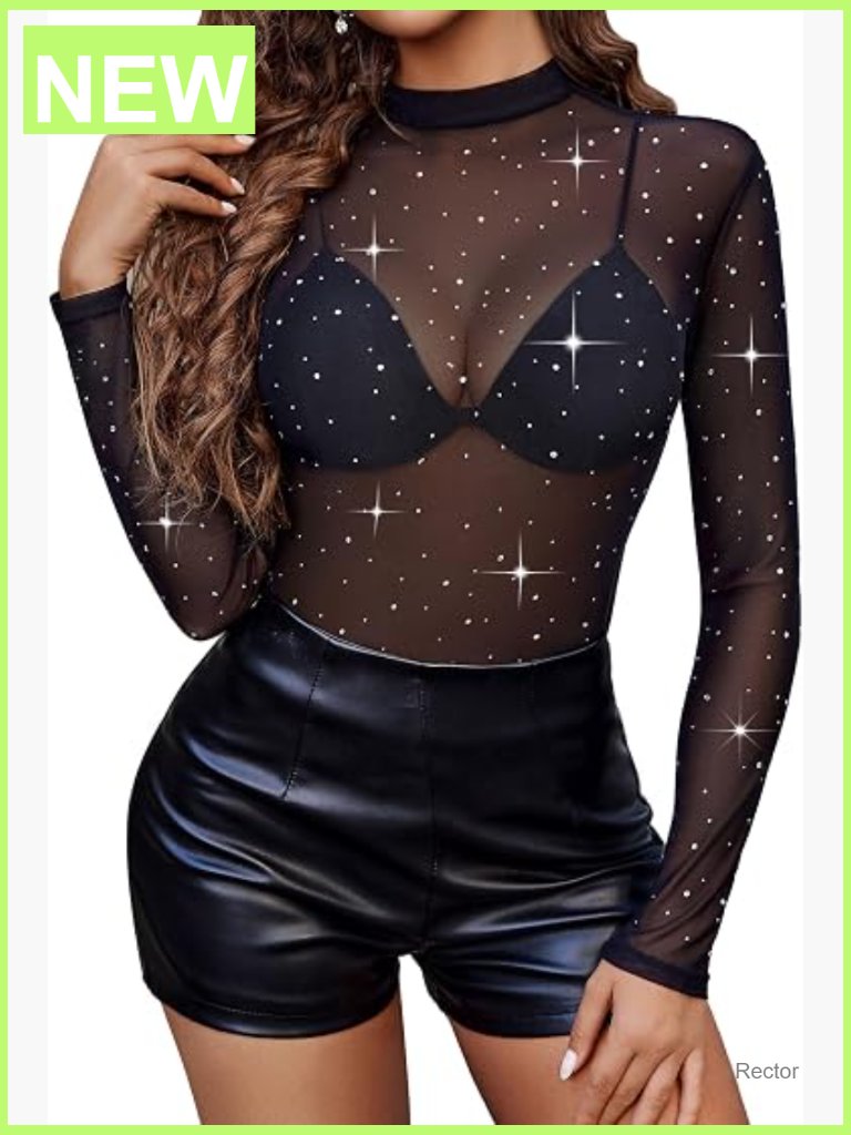 Mesh Long Sleeve Rhinestone Sheer Blouse Sparkle See Through Clubwear Top